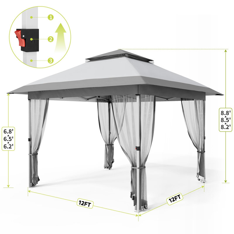 12x12ft Instant Pop Up Gazebos,Modern Waterproof Canopy Tent with Mosquito Netting(Gray+White)