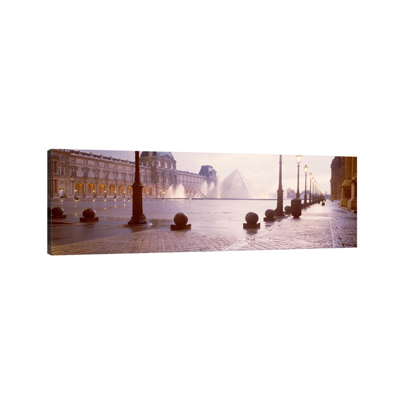 Misty View Of Pyramide Du Louvre, Musee Du Louvre, Paris, Ile-de-France, France - Wrapped Canvas Panoramic Print