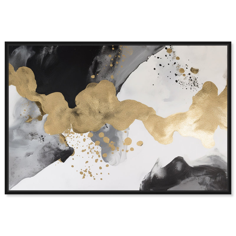 Art abstrait noir et blanc sur toile dorée par Art Remedy, Cadre noir, H 21 po x l 31 po