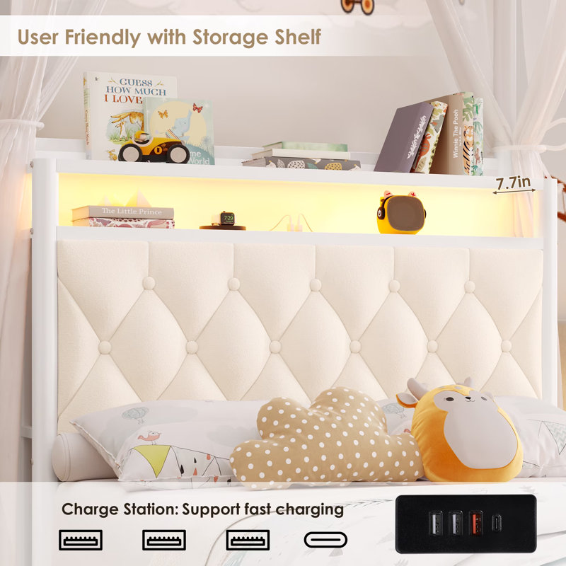  Magical Princess Bed for Kids | with LED Lights & USB Charging, Twin, Cream
