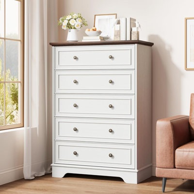 Modern 5 Drawer Dresser for Bedroom - Tall Vertical Chest of Drawers Storage Organizer Cabinet for Wood grainwalnut panel Wood grain white black