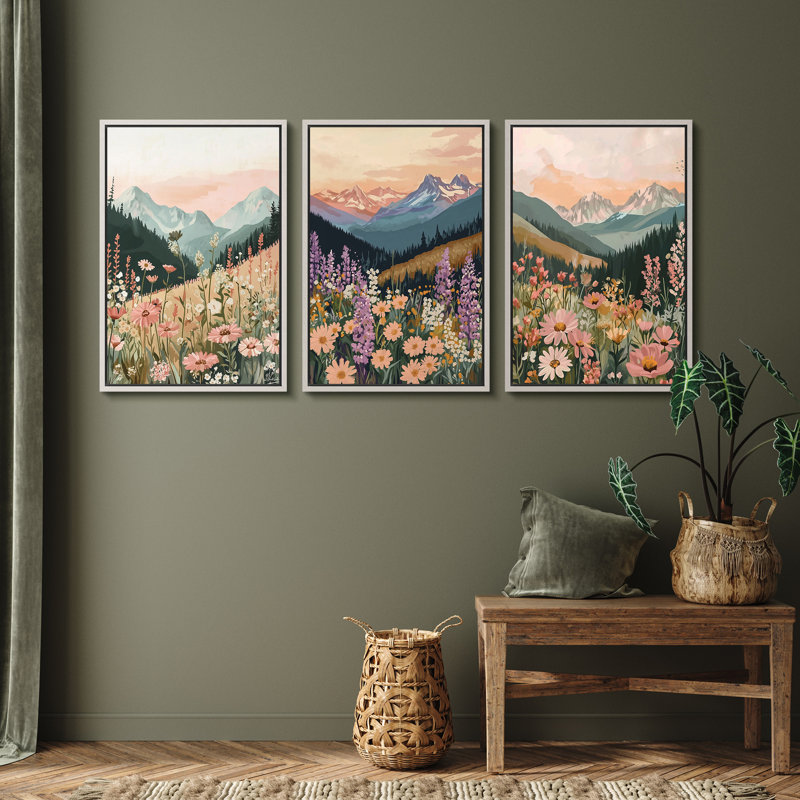 Ensemble de 3 reproductions d'art sur toile Floral Mountain Landscape, H 36 po x l 24 po, Blanc