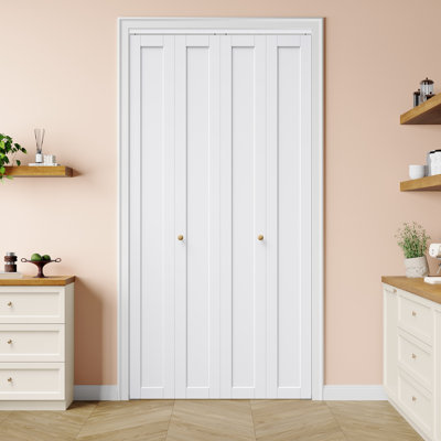 Porte de placard pliante double 48 po x 96 po, 1 panneau, en bois massif apprêté blanc et en bois d'ingénierie à âme pleine, peignable et imperméable, avec quincaillerie d'installation durable (idéale pour placard, garde-manger, buanderie, salon et salle de bain)