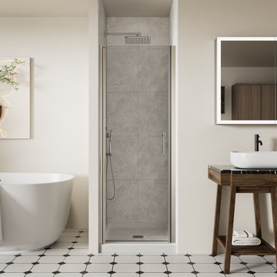 Porte de douche sans cadre l 24 à 25 po x H 72 po, portes de verre pivotantes avec verre trempé clair de 1/4 po (6 mm), porte de douche battante chromée réglable