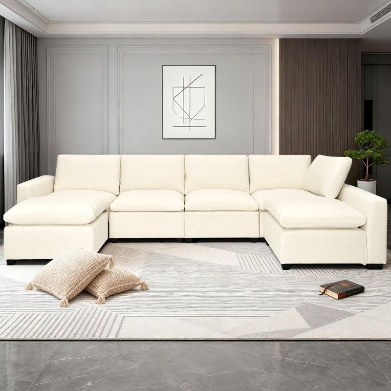 Cloud Modular Sectional Corner Sofa Upholstered Deep Seat Couches With Ottoman, Beige Linen Blend