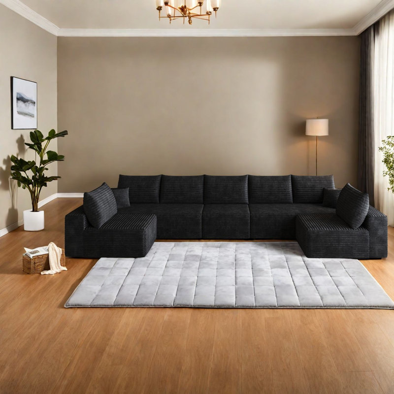 Canapé d'angle à compression, canapé moderne en velours côtelé pelucheux de 166 pouces en forme de U pour la maison, Noir