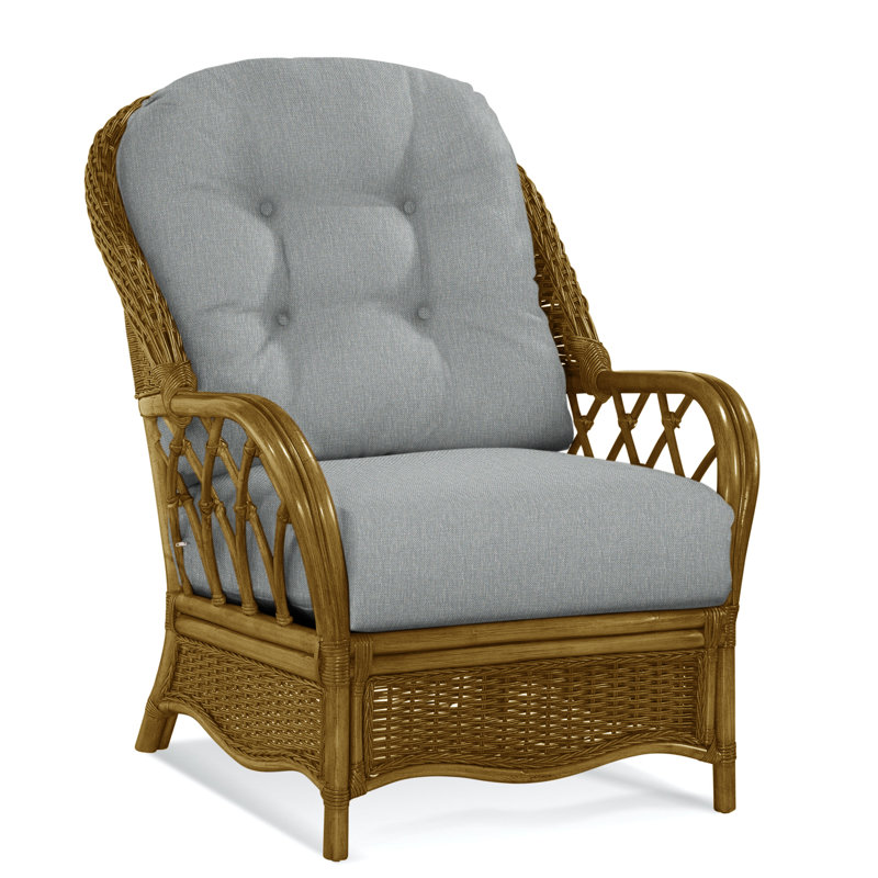 Chaise avec accoudoirs en rotin Everglade, Tissu performance bleu clair 0851-55, Tonneau vieilli