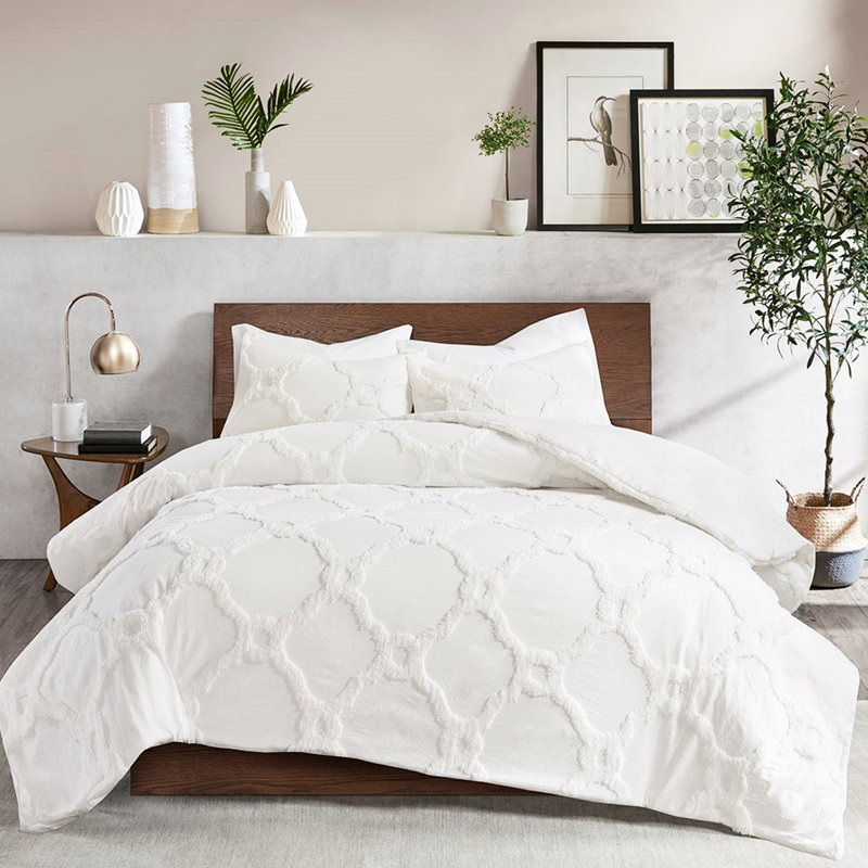 Édredon 3 pièces très grand / très grand. Capitonnage en coton chenille. Style géométrique. Rembourrage. 2 taies décoratives assorties. . Facile à laver géométrique pour la chambre à coucher. Laver à la machine