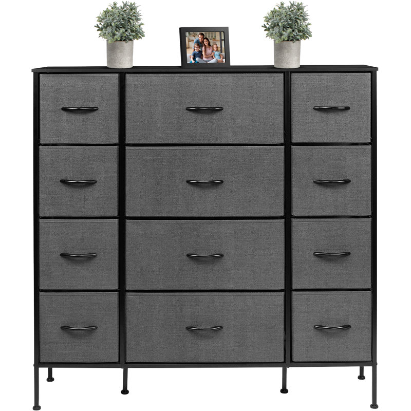 Black Steel Frame 12-Drawer Dresser with Wood Top