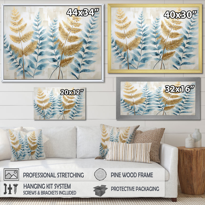 «Blue and Golden Ferns Symphony III», reproduction sur toile, Cadre simple blanc, H 12 po x l 20 po x P 0,5 po