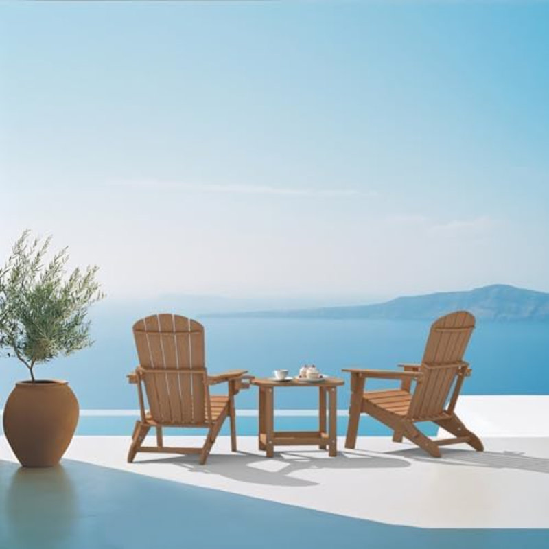 Folding Adirondack Chair, SGS Tested, Wooden Textured with Cup Holder, Heavy All-Weather HDPE Comfortable Set Poolside Backyard Lawn