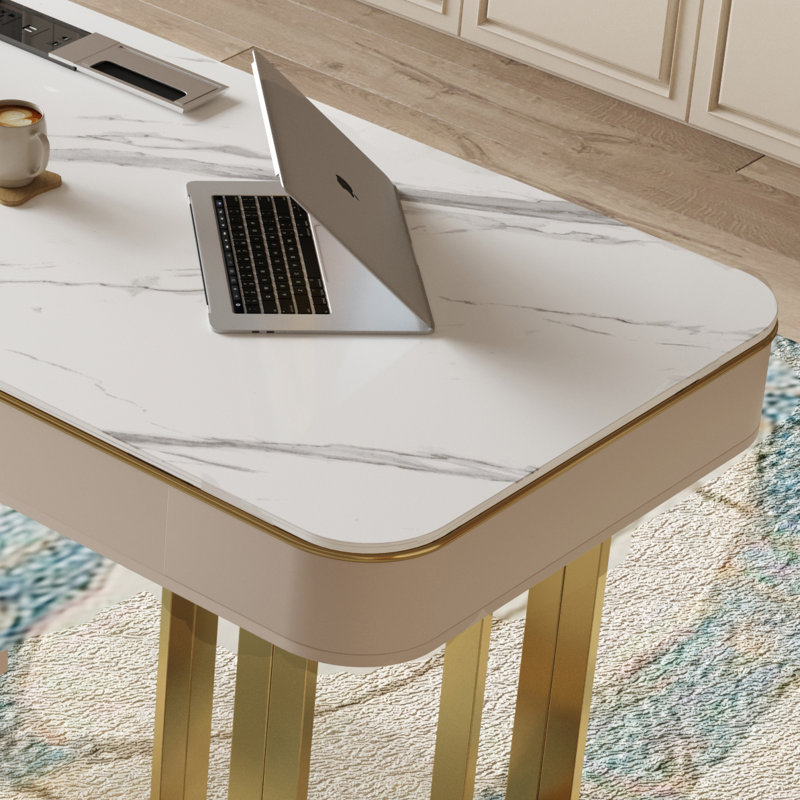 Ressa Luxurious Rectangular Stone Office Computer Writing Desk, 29.5" H x 63" W x 27.5" D