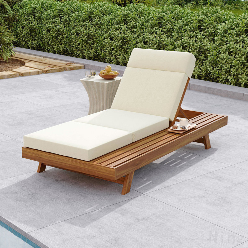 Ensemble de méridienne avec appui-tête, espace disponible sur un côté, bois d'acacia avec coussins de salon résistants à l'eau (beige et 3 fois et 4 pouces)