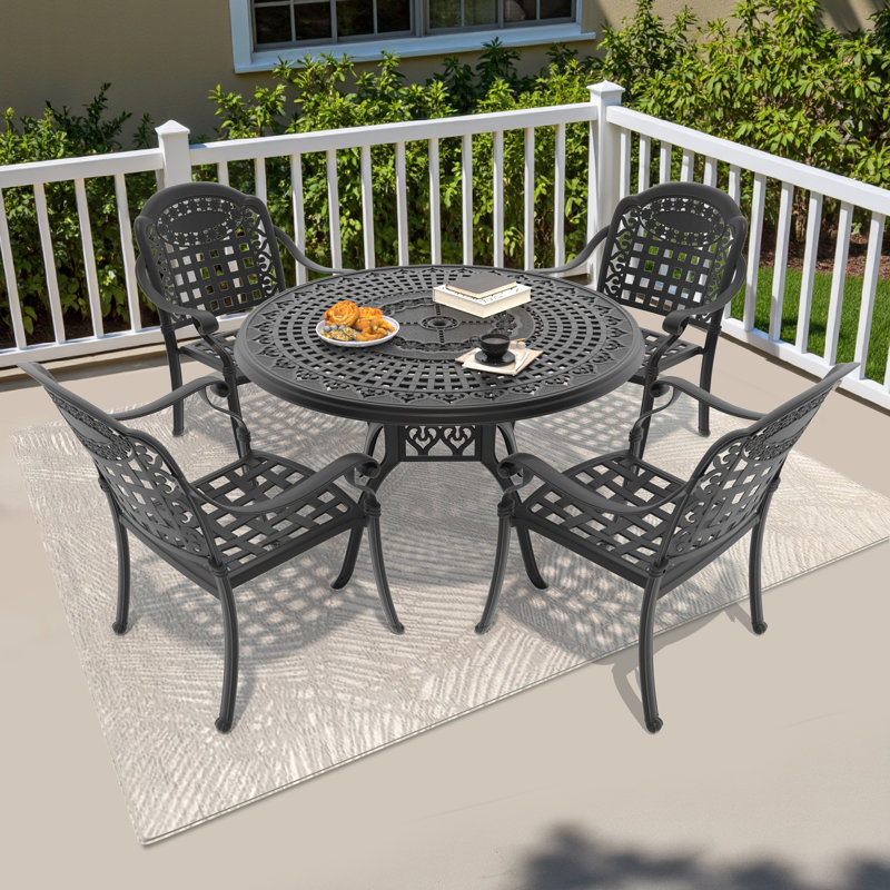 Selmner 47.24 -inch Round Table Cast Aluminum Outdoor Dining Set with Umbrella Hole and Blue Cushions