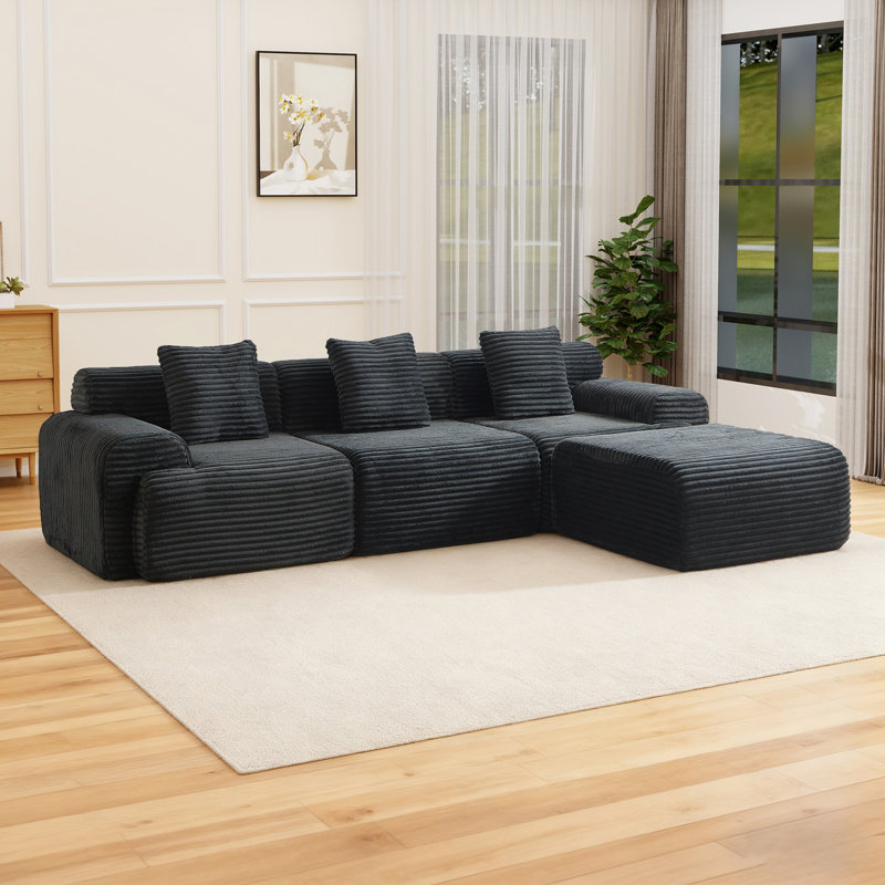 114" Modular Sectional Sofa Cloud Couch With Deep Seats, L Shape Foam Couch With Chaise And Movable Ottoman, Sectional Couches For Living Room, Comfy Boneless Sofa
