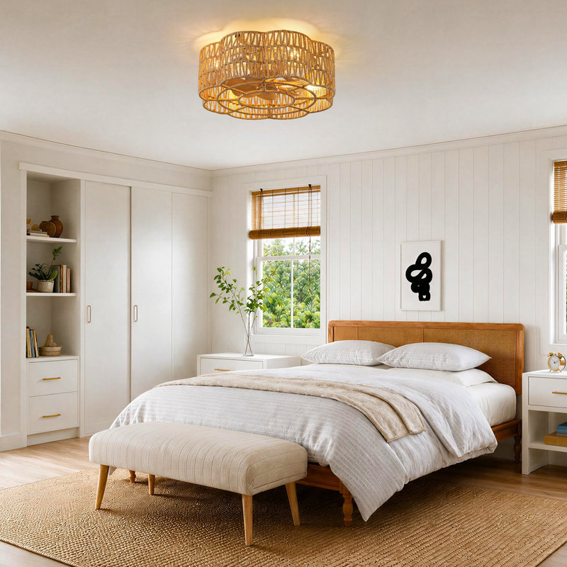 Ventilateur de plafond en cage 19,3 po avec abat-jour en tissu, ensemble d'éclairage et télécommande, Rotin