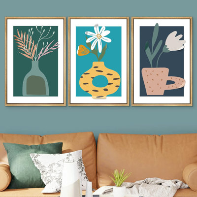 Simplified Graphic Plants " Geometric Pastel Daisy Leaf Flowers Colourful Illustrations Modern Art Decor Nordic Rustic " 3 - Pieces