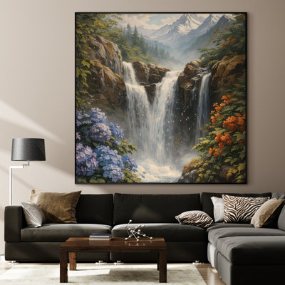 Très grand imprimé sur toile - Cascade majestueuse avec forêt luxuriante et fleurs sauvages pour le salon - «Assemblage requis du cadre (cadre non fini)»