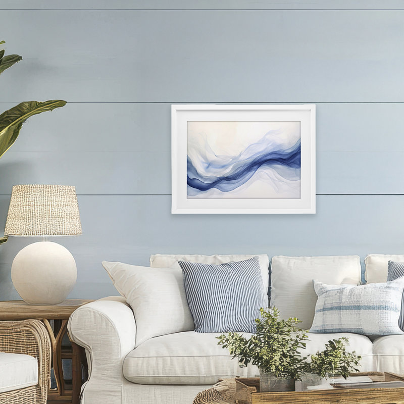 «Abstract Indigo Mist», reproduction sous verre encadrée, design par Andrea Haase, H 17 po x l 23 po, Cadre blanc côtier