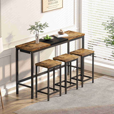 Table de salle à manger de cuisine moderne, table de pub, ensemble de table de salle à manger longue avec 3 tabourets, conception de tabouret suspendu pratique