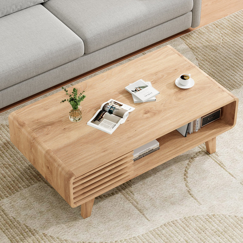 Table basse, tables de salon, table moderne avec rangement, table basse Mid Century, Naturel