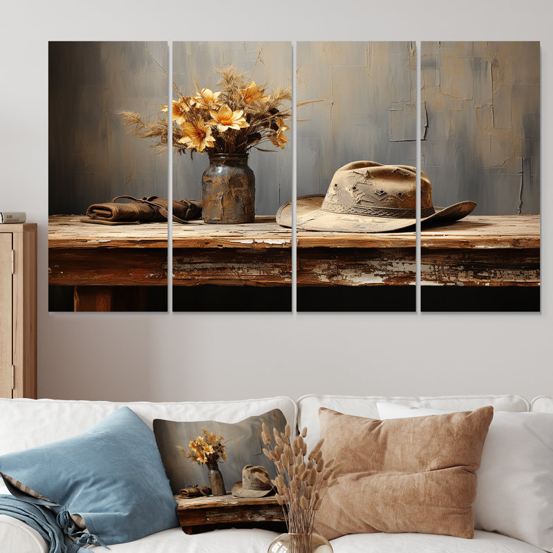 Minimalisme Cowboy Hat - Cowboys, art mural 4 pièces pour le salon, H 32 po x l 64 po