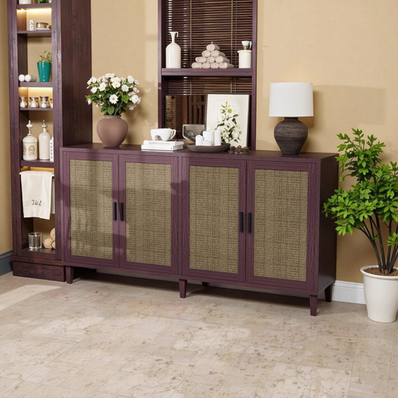 Buffet 70 po en rotin avec 4 portes et tablettes réglables - Buffet brun pour la cuisine, le salon, la salle à manger, Brun