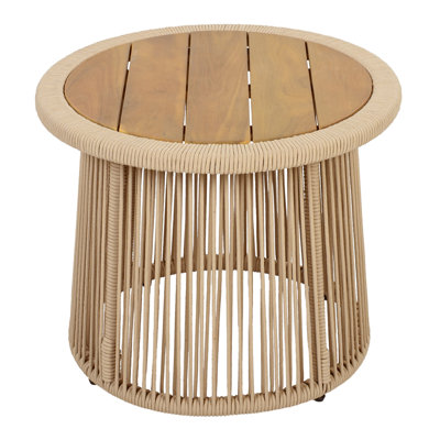 Conical Light Beige Rope Side Table with Teak Finish Acacia Wood Top 150 lbs Capacity No Assembly Required Modern Open Weave Round Accent Table for Patio Backyard Living Room