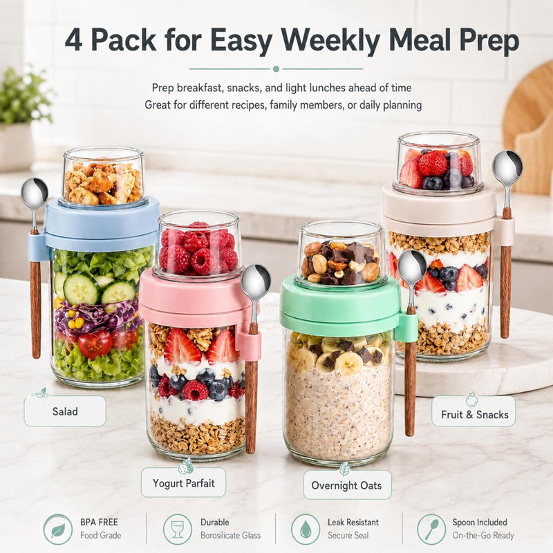 4 Pack Overnight Oats Containers with Lids, Glass Meal Prep Jars