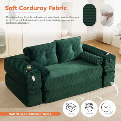 Canapé-lit convertible compact à deux sièges au design minimaliste, futon avec siège-lit désossé, canapé de plancher en velours côtelé doux, appuis-tête réglables et mobiles, soutien du dos épais
