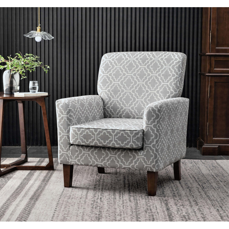 Fauteuil rembourré à motifs, mélange de polyester, structure en bois de bouleau massif, pieds fuselés, coussin en mousse, bureau de salon