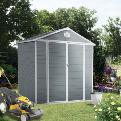 Rangement extérieur en résine 6 pi x 8 pi, abris de jardin en plastique avec plancher et porte verrouillable pour la cour arrière, pelouse, gris (W540S00021)
