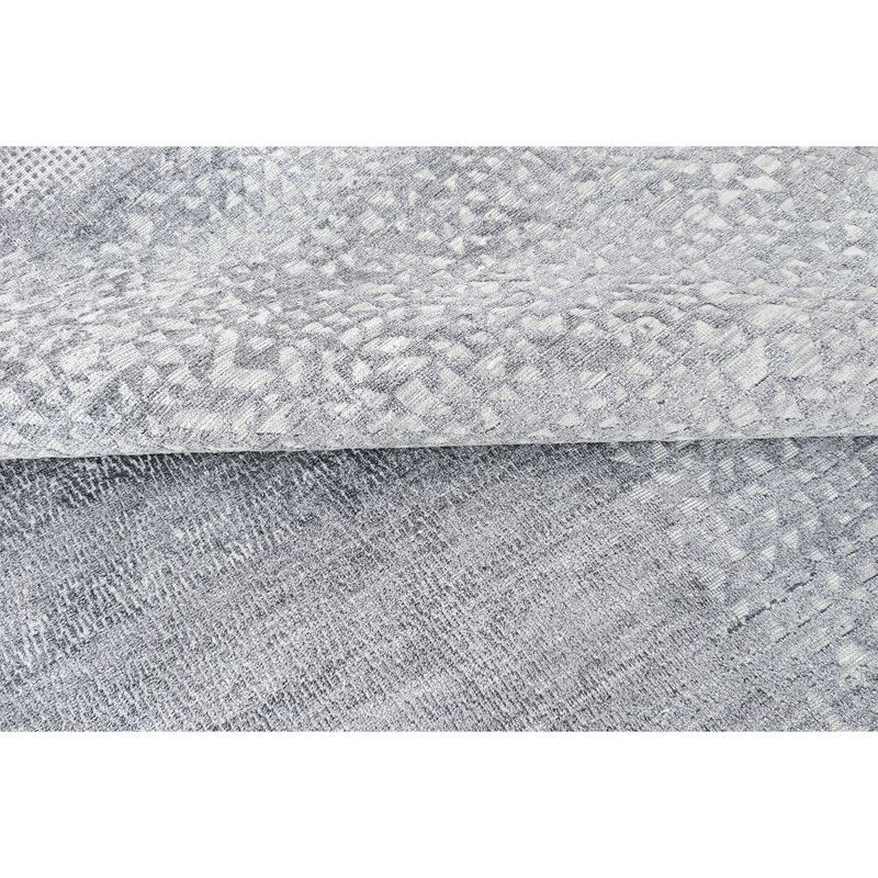 Tapis gris / blanc en viscose / laine noué à la main, Rectangle 8 pi x 10 pi
