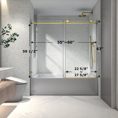 Porte de douche coulissante sans cadre en or brossé avec poulies à fermeture en douceur et verre nano facile à nettoyer | Idée de cadeau