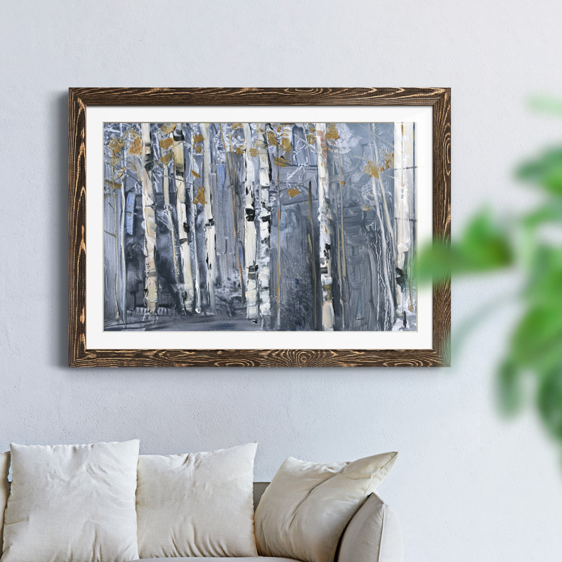 Bouleau moderne - peinture encadrée, Encadré de bois de noyer, H 37,5 po x l 27,5 po x P 1,5 po