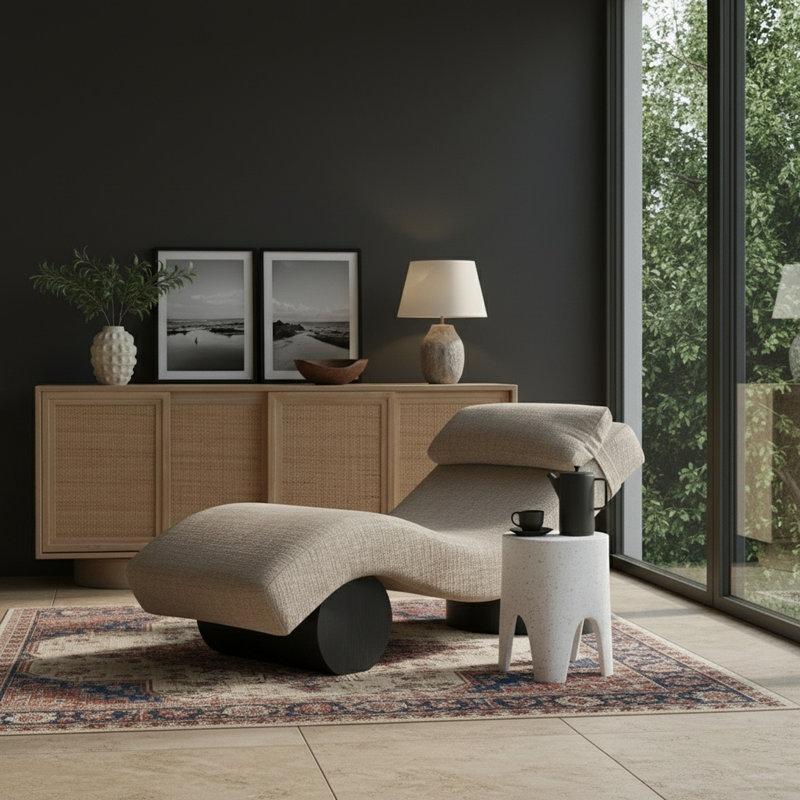 Méridienne Marcella, Tissu de polyester gris, Noir, noir, noir, noir