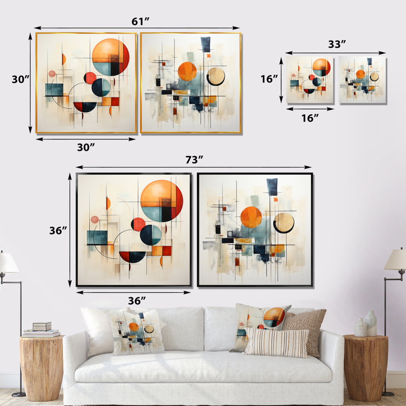 Collage coloré patchwork géométrique Mid-Century - formes abstraites, ensemble de 2 carrés, H 36 po x l 73 po, Toile tendue
