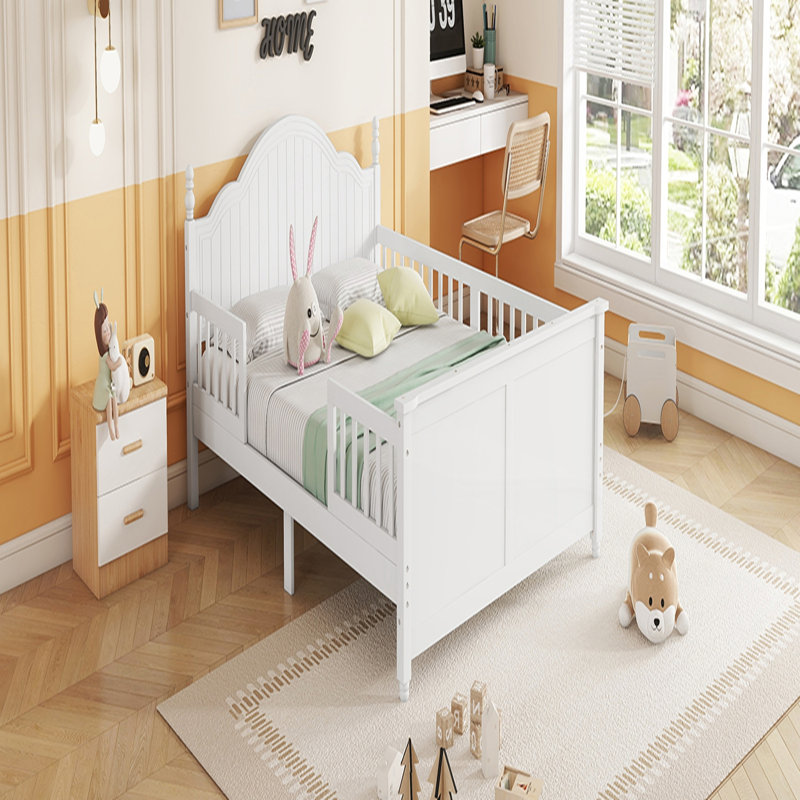 Lit double pour enfants, lit plateforme double en bois avec tête et pied de lit, blanc, conception à profil bas pour plus de sécurité et de style