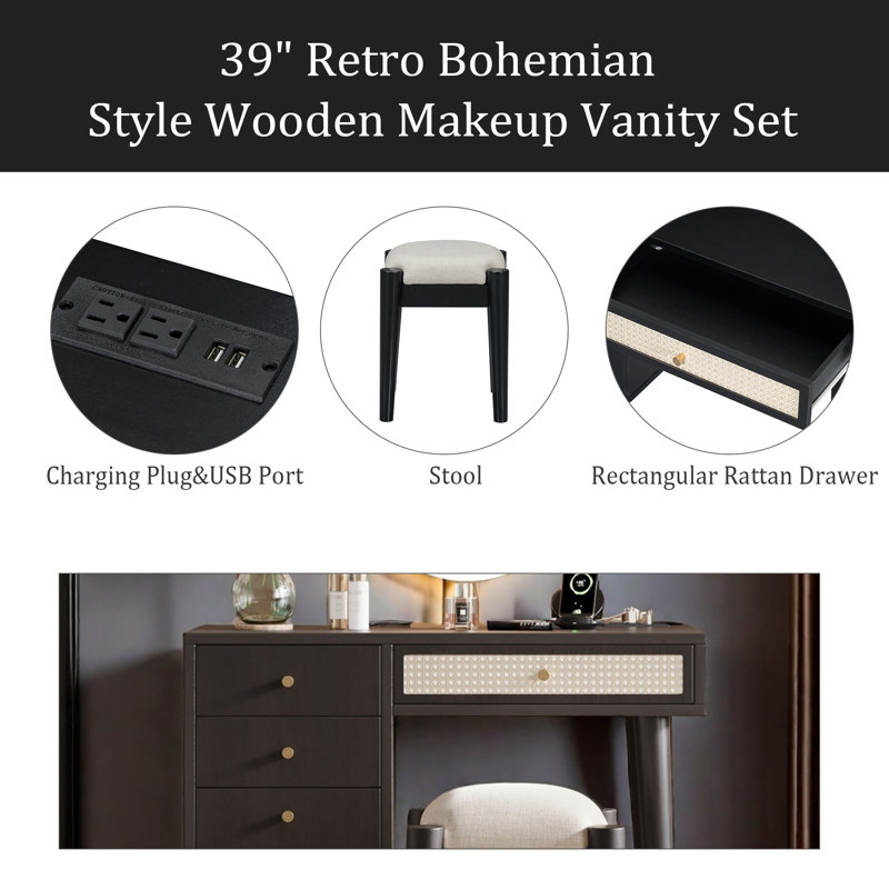39" Retro Bohemian Style Wooden Makeup Vanity Set With Charging Plug&USB Port And Stool, Dressing Table With 3 Storage Drawers And 1 Rectangular Rattan Drawer