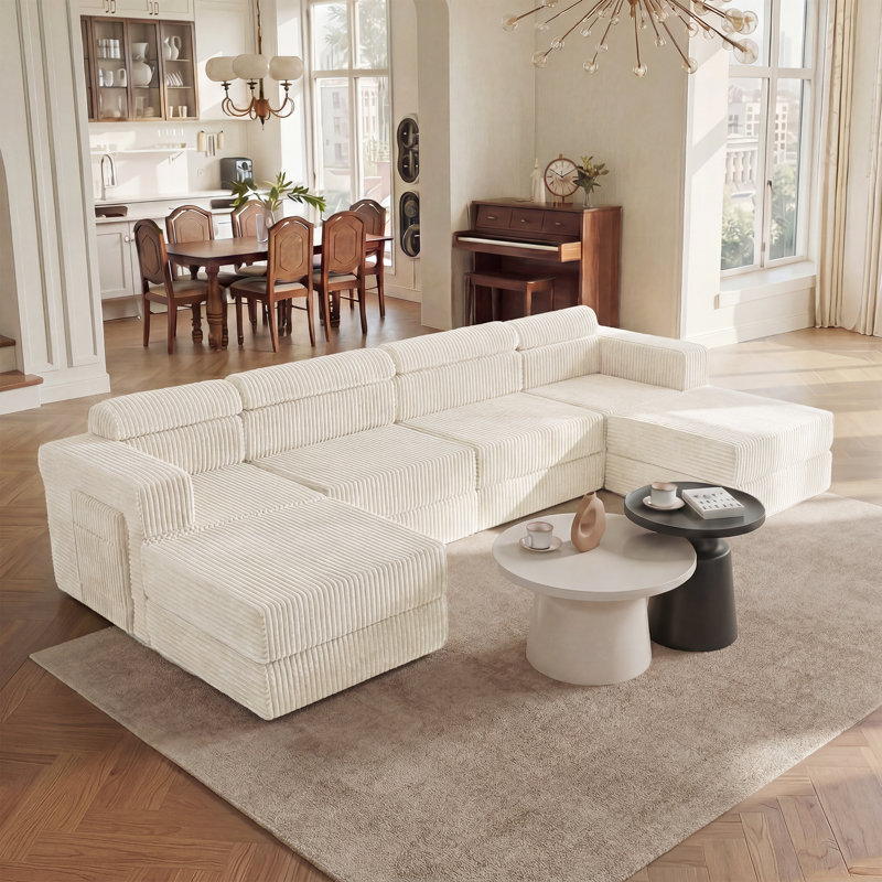  Sisler 6 Piece 141.6" Oversized L Shape Upholstered Convertible Modular Corduroy Compression Sofa with Storage Pockets, No Assembly