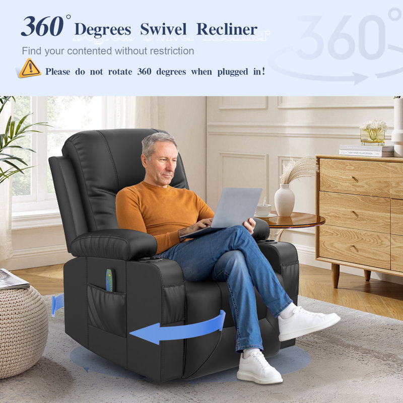 Lannah Faux Leather Recliner Massage Chair, Swivel Rocker Recliner with 360° Rotate & 125°  Reclining Rocking Chair With Two Cup Holders for home
