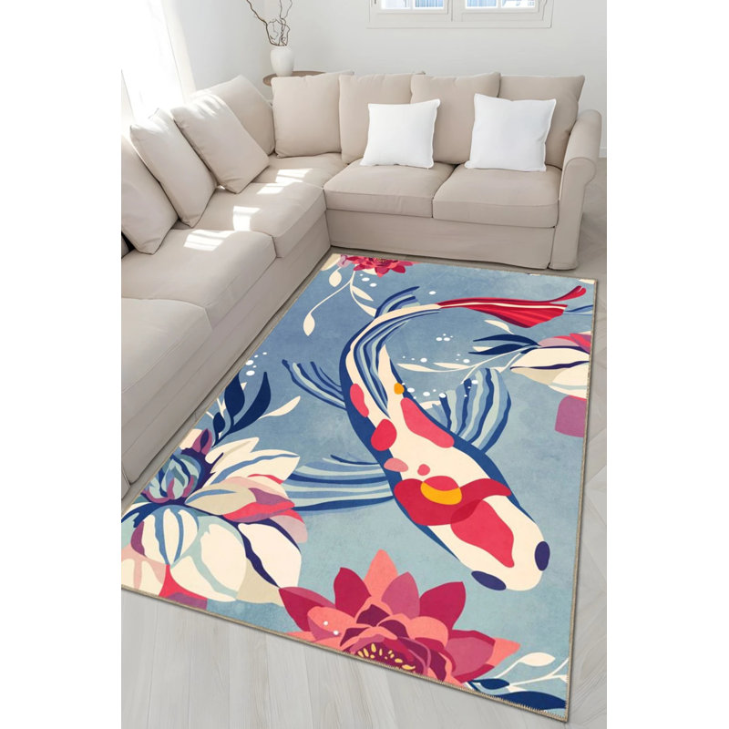 Blue Red Rose And Koi Fish Patterned Creative Modern Decorative Carpet, Runner 2'6" x 9'11"
