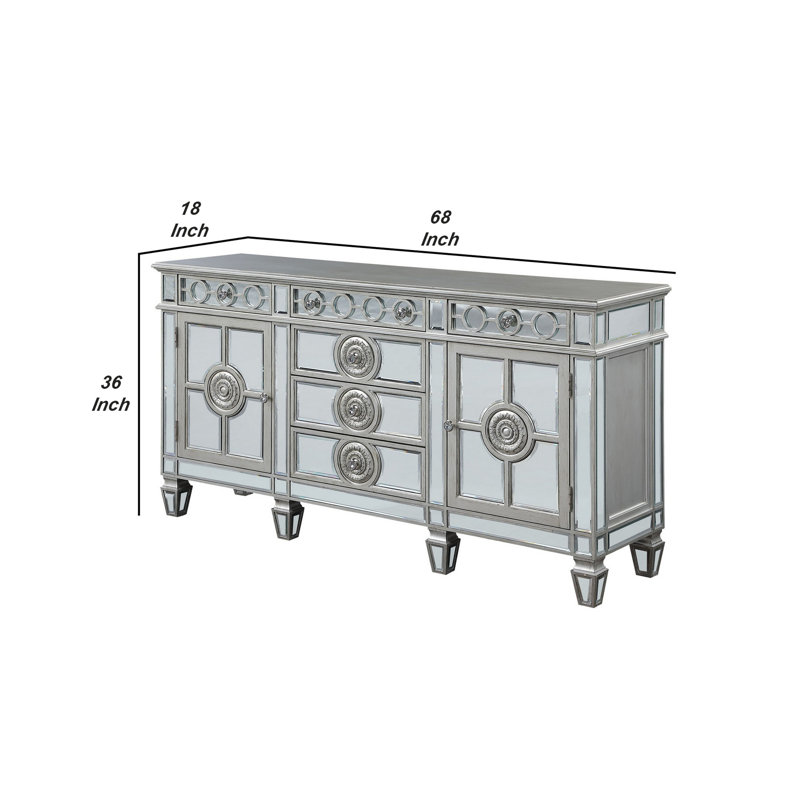 Motana 68"L Rectangular 6-Drawer Server in Mirrored and Antique Platinum