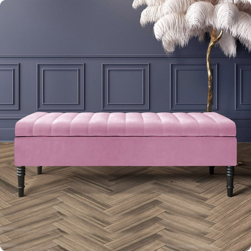 Safar Striped Ottoman Storage Bench – Upholstery Plush Velvet Shoe Bench with Black Turned Wooden Legs, Pink