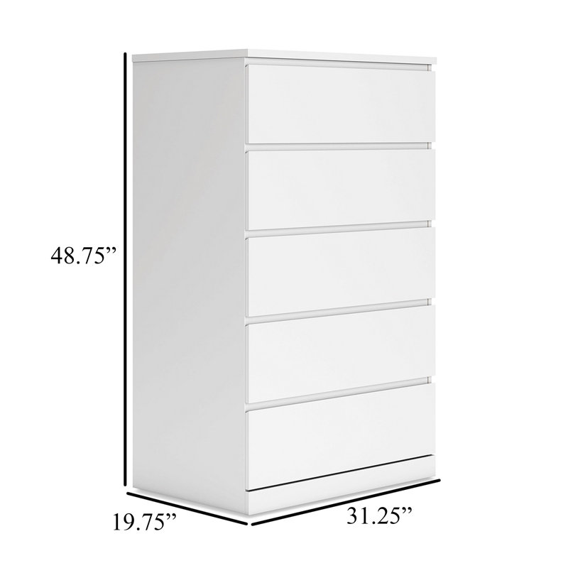 Grande commode Onira, 5 tiroirs spacieux, blanc moderne, 49 po Onira