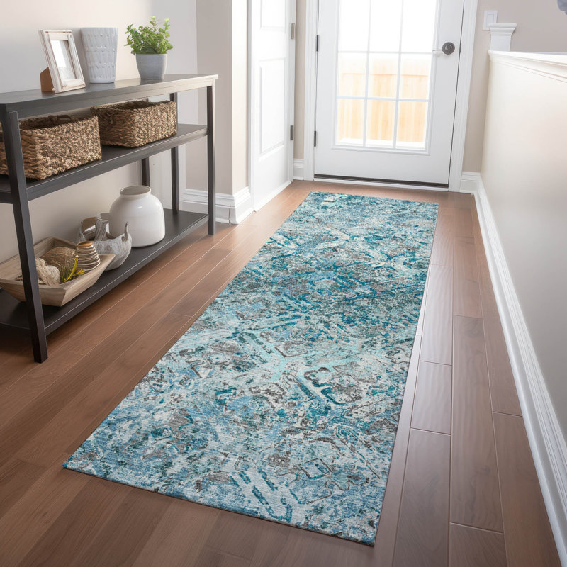 Premium Machine Washable Prisco Teal Rug, Runner 2'3" x 7'6"
