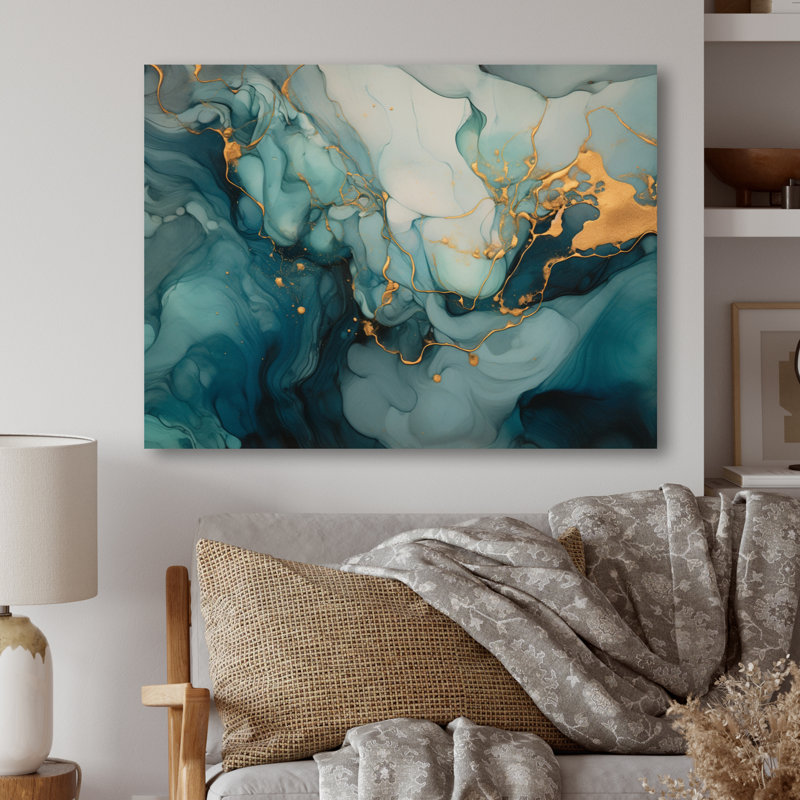 Turquoise doré infusé marbre I - impression sur métal, H 12 po x l 20 po x P 1 po