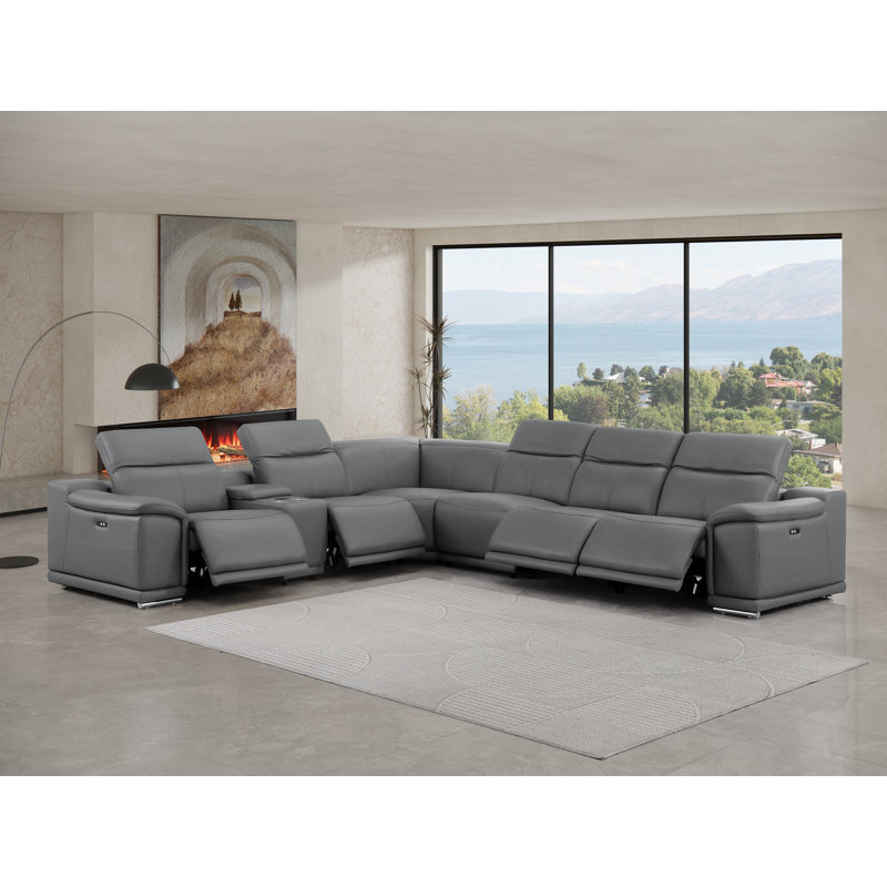 7-Piece L-Shaped Power Reclining Sectional In Genuine Leather – 4 Recliners, Dark Gray Top Grain Leather