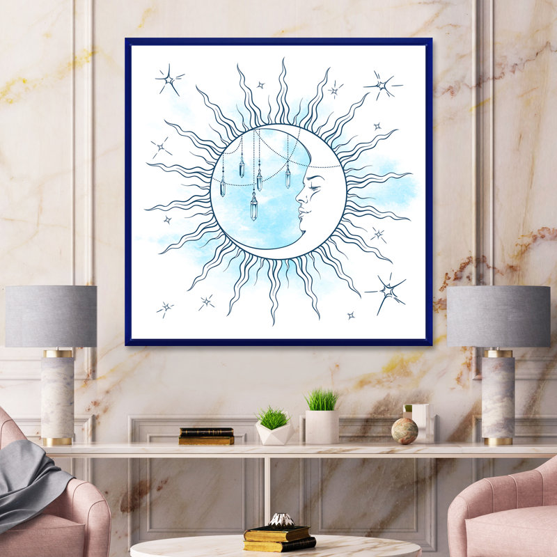 Croissant de lune avec pendentifs et étoiles de pierre de lune - reproduction de cadre flottant sur toile, Encadrement bleu