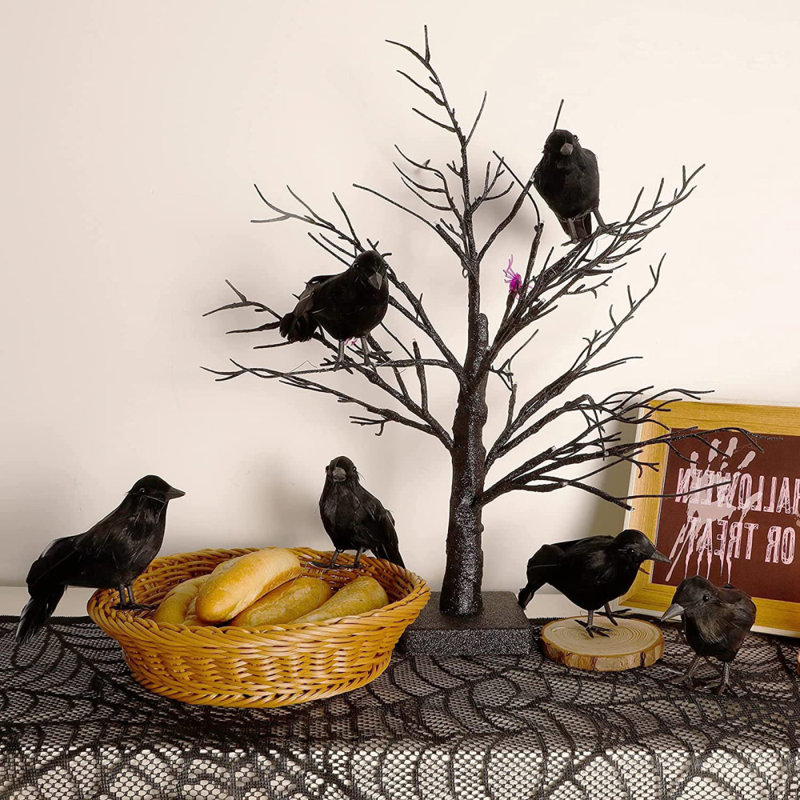 7 pièces de décorations de corbeau d'Halloween, 6 pièces de corbeau et 1 nid d'oiseau